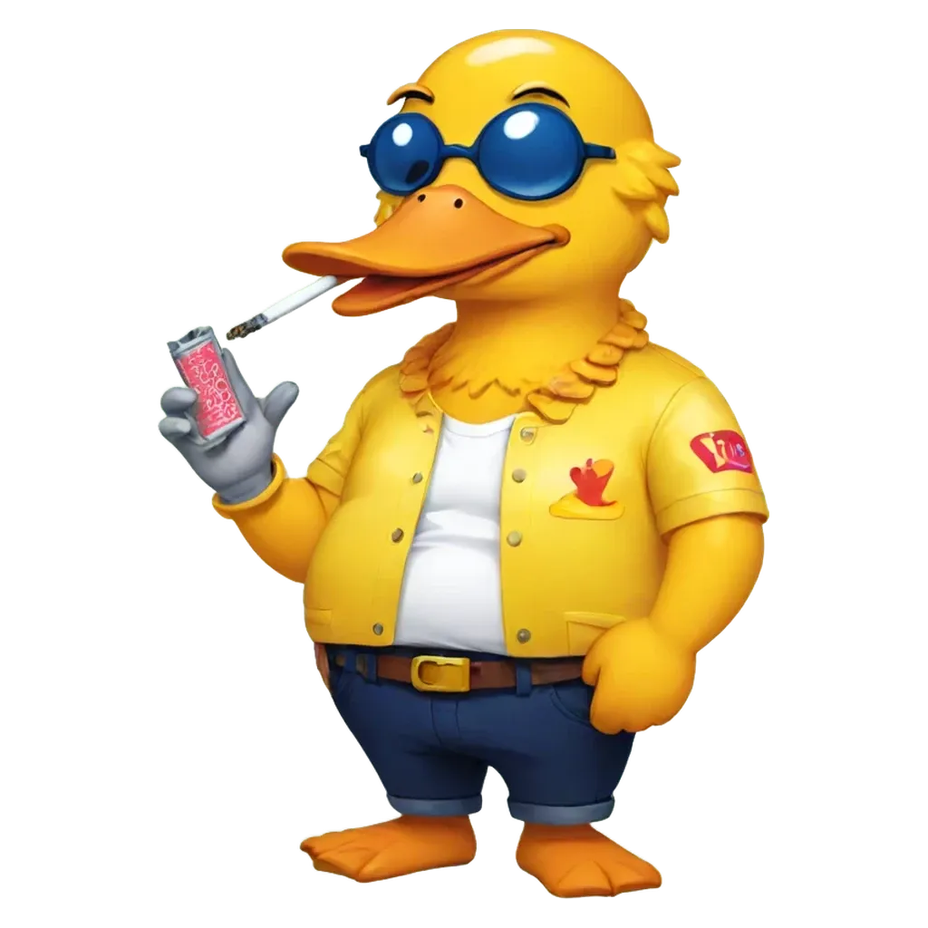 A duck smoking a cigarette with a red bottle in its hand.