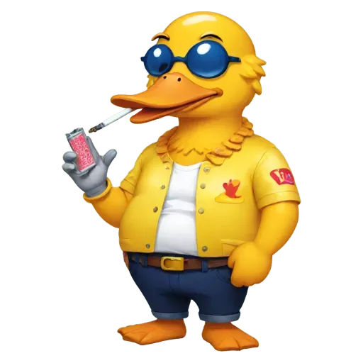A duck smoking a cigarette with a red bottle in its hand.