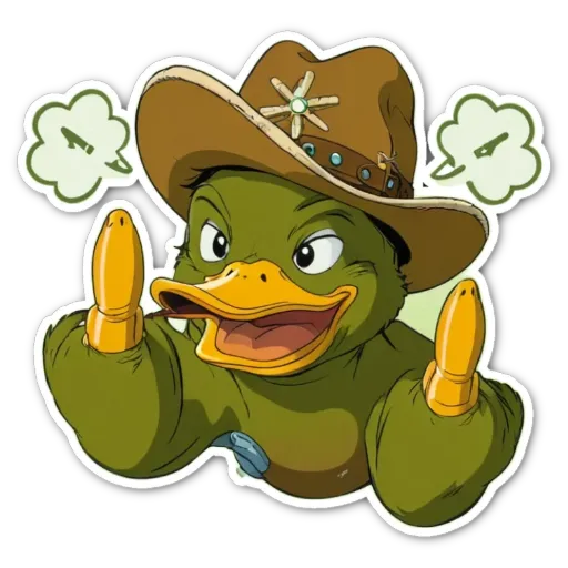 A duck with a cowboy hat is pointing his feet.