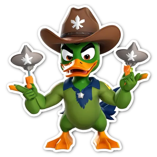 A duck is performing a trick with three sticks.