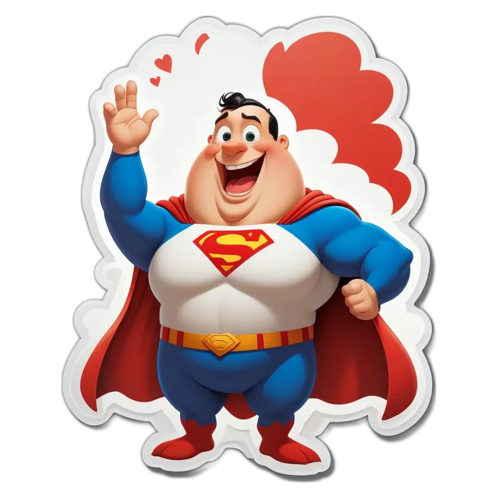 A cartoonish drawing of a fat superman who is holding his hand up with a heart.