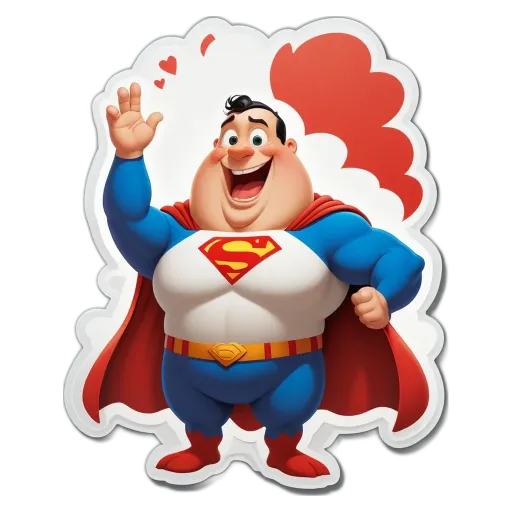 A cartoonish drawing of a fat superman who is holding his hand up with a heart.