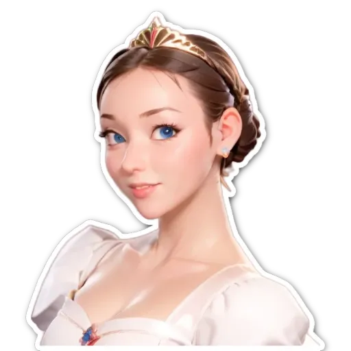 A woman wearing a tiara is in the center of a sticker.