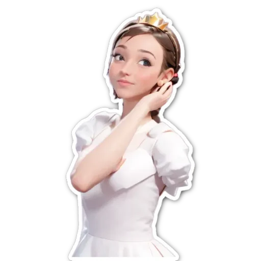 A girl wearing a tiara is touching her ear with her finger.