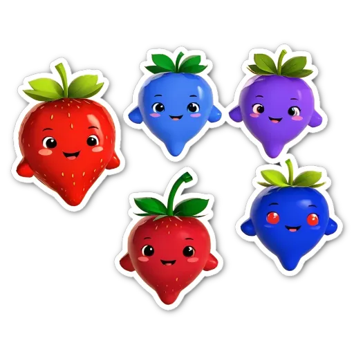 A group of faces are stickeraped to strawberries.