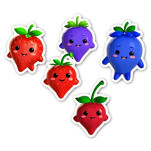 Five cute little strawberry characters are drawn on a black background.
