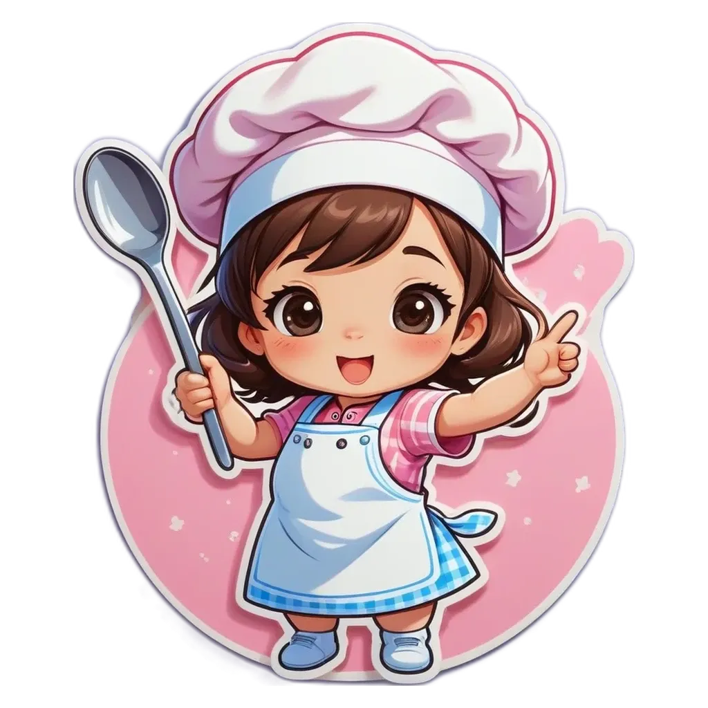 A cartoon girl holding a spoon wearing a chef's hat.