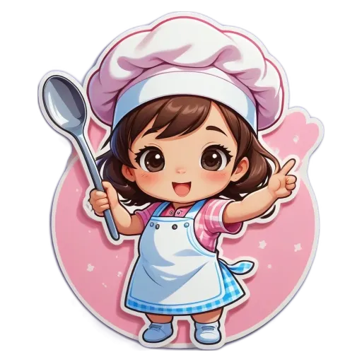 A cartoon girl holding a spoon wearing a chef's hat.