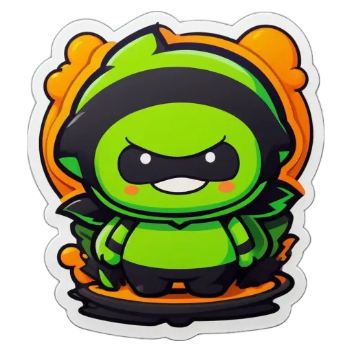 A green character with a mask and orange hair is standing on a black background.