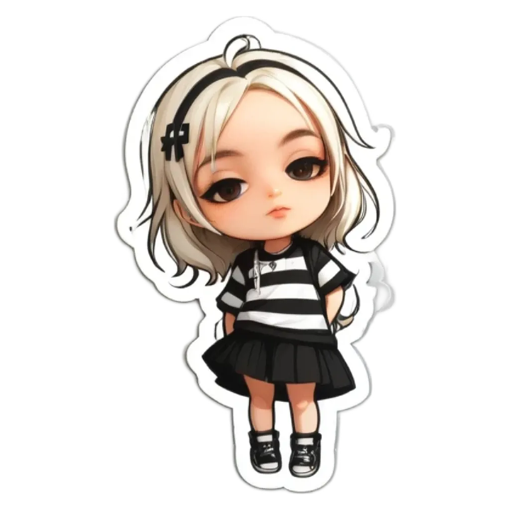 A girl with a black and white dress and hair is standing up.