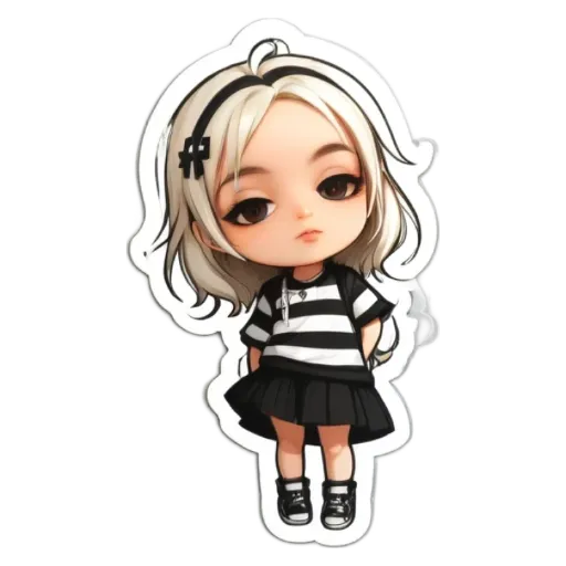 A girl with a black and white dress and hair is standing up.