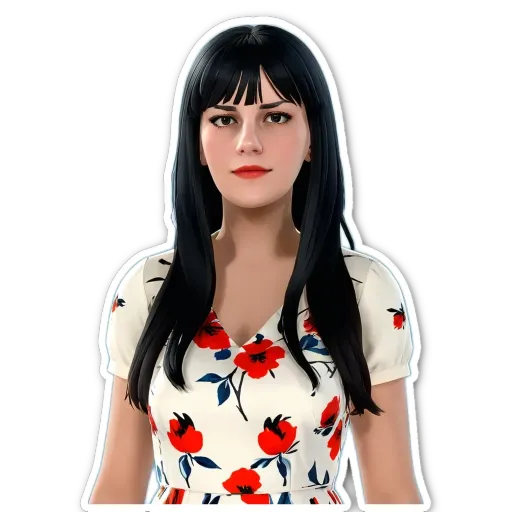 A sticker of a woman with long hair and an orange dress.