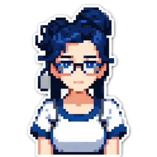 A girl wearing glasses is wearing a white and blue shirt.