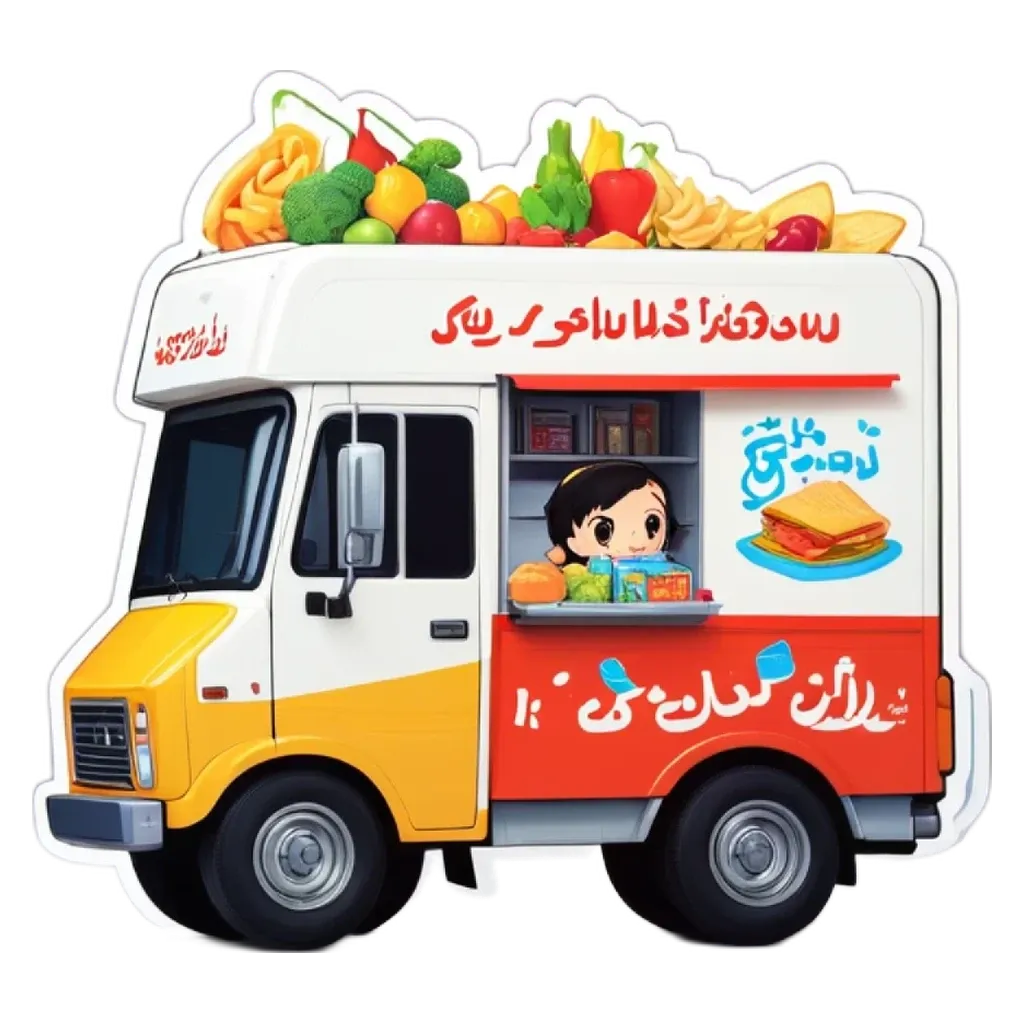 A truck that sells sandwiches also has a child sticker on it.