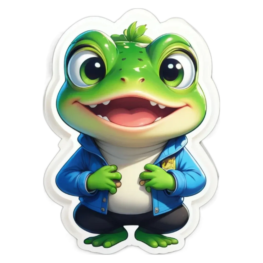 A frog is smiling and wearing a blue jacket.