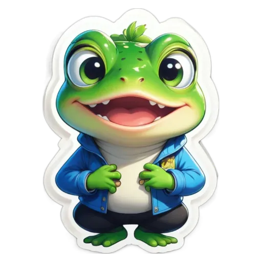 A frog is smiling and wearing a blue jacket.