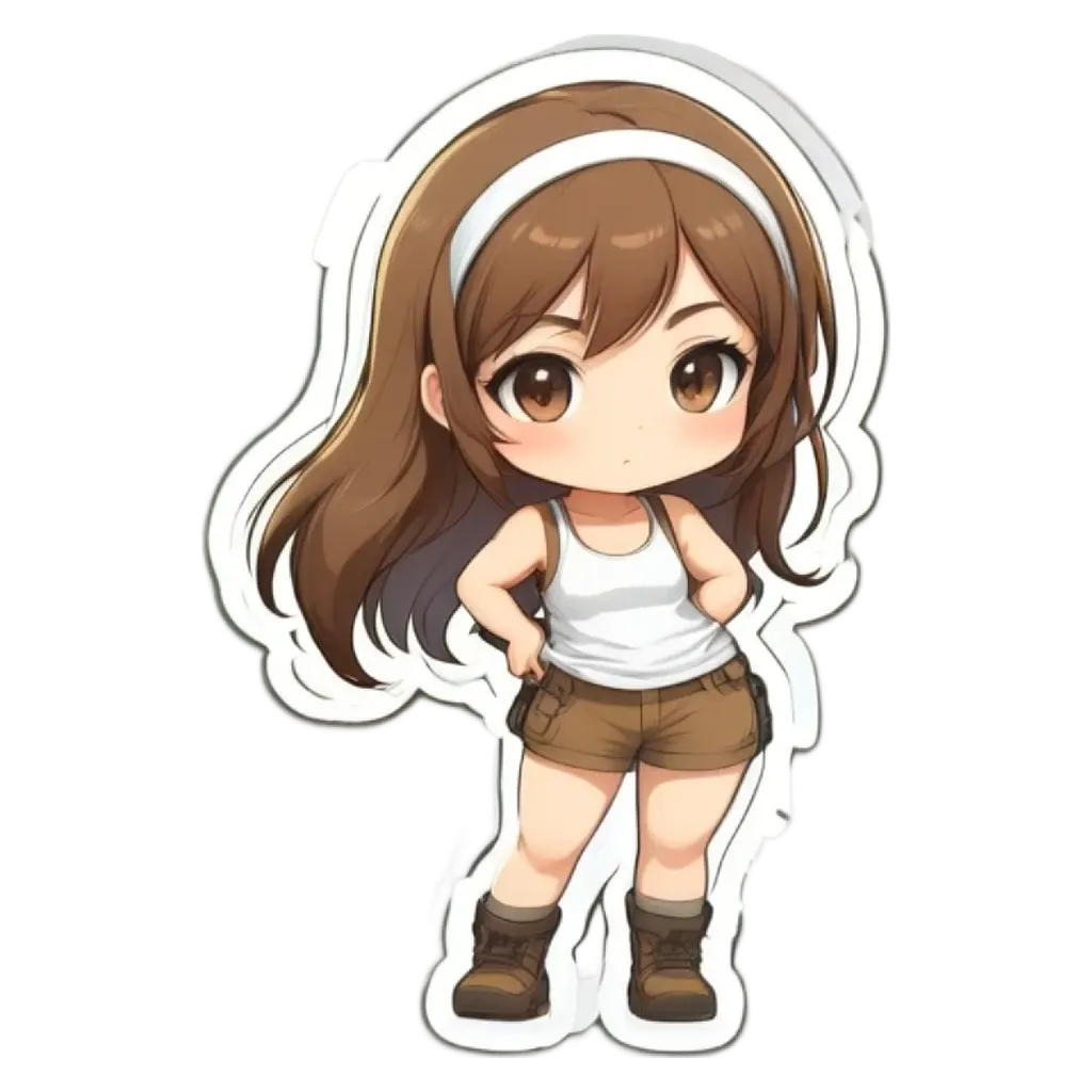 A girl is standing with her hands on her hips in a white and brown shirt and shorts.