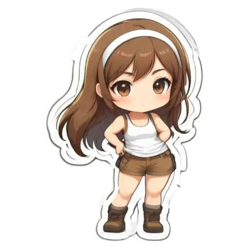 A girl is standing with her hands on her hips in a white and brown shirt and shorts.
