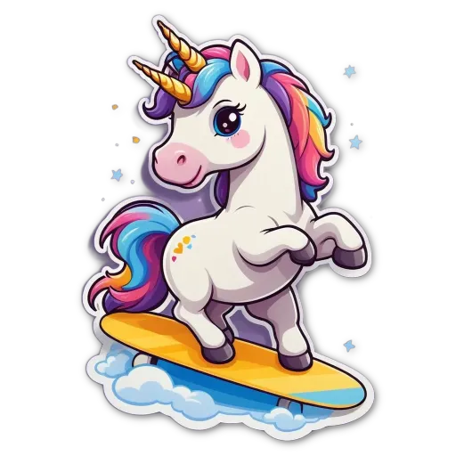 A unicorn with rainbow colored mane is riding a surfboard.