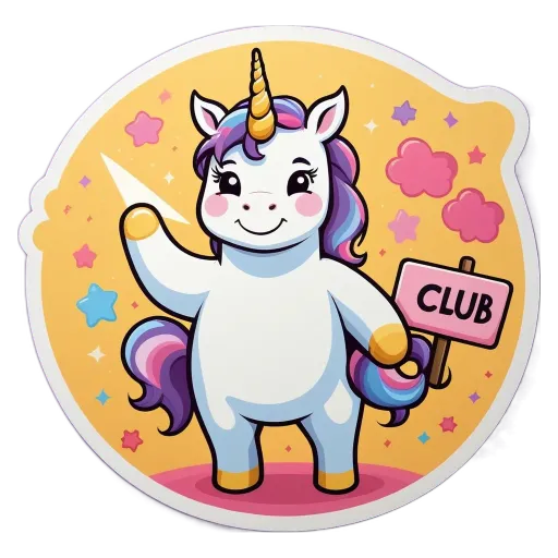 A unicorn with a sign on its back is in the center of a circle.
