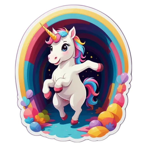 A unicorn in a rainbow tunnel with flowers on the ground.