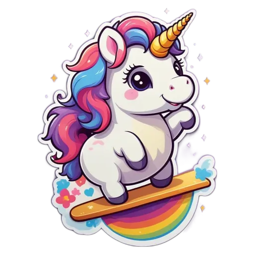 A cartoon drawing of a unicorn surfing a rainbow.