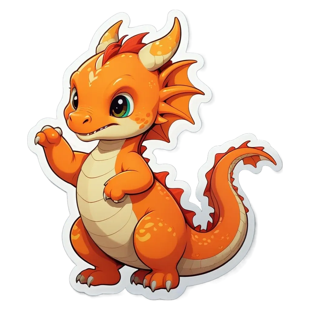 A cartoon orange dragon with yellow teeth standing on a black and white background.