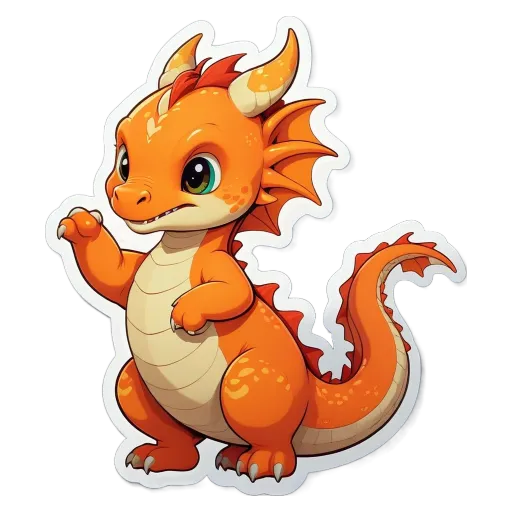 A cartoon orange dragon with yellow teeth standing on a black and white background.