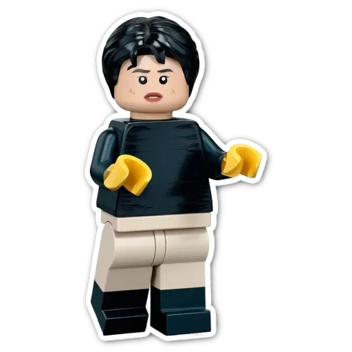A black and white lego person with a yellow glove.