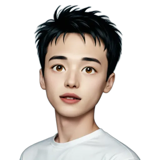 A boy with a white shirt and black hair.