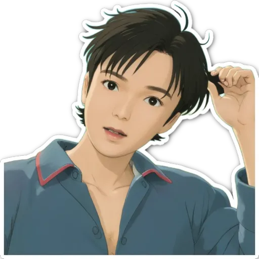 A black and red shirt on a boy with his hair in a pony tail.