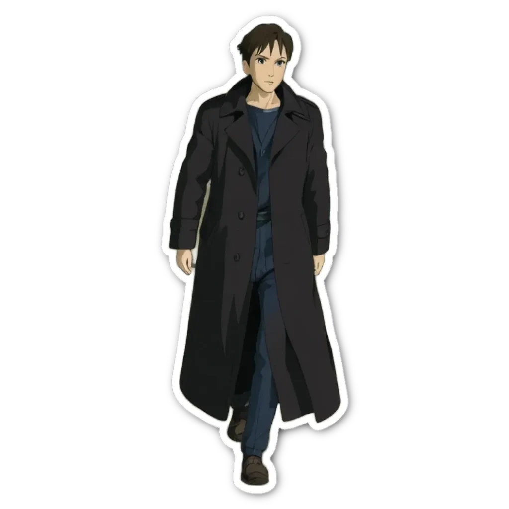 A sticker of a man that is wearing a black coat.