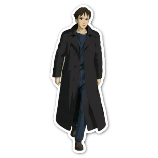 A sticker of a man that is wearing a black coat.