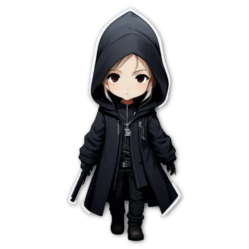 A character that is wearing a black outfit with a gun on the left side.
