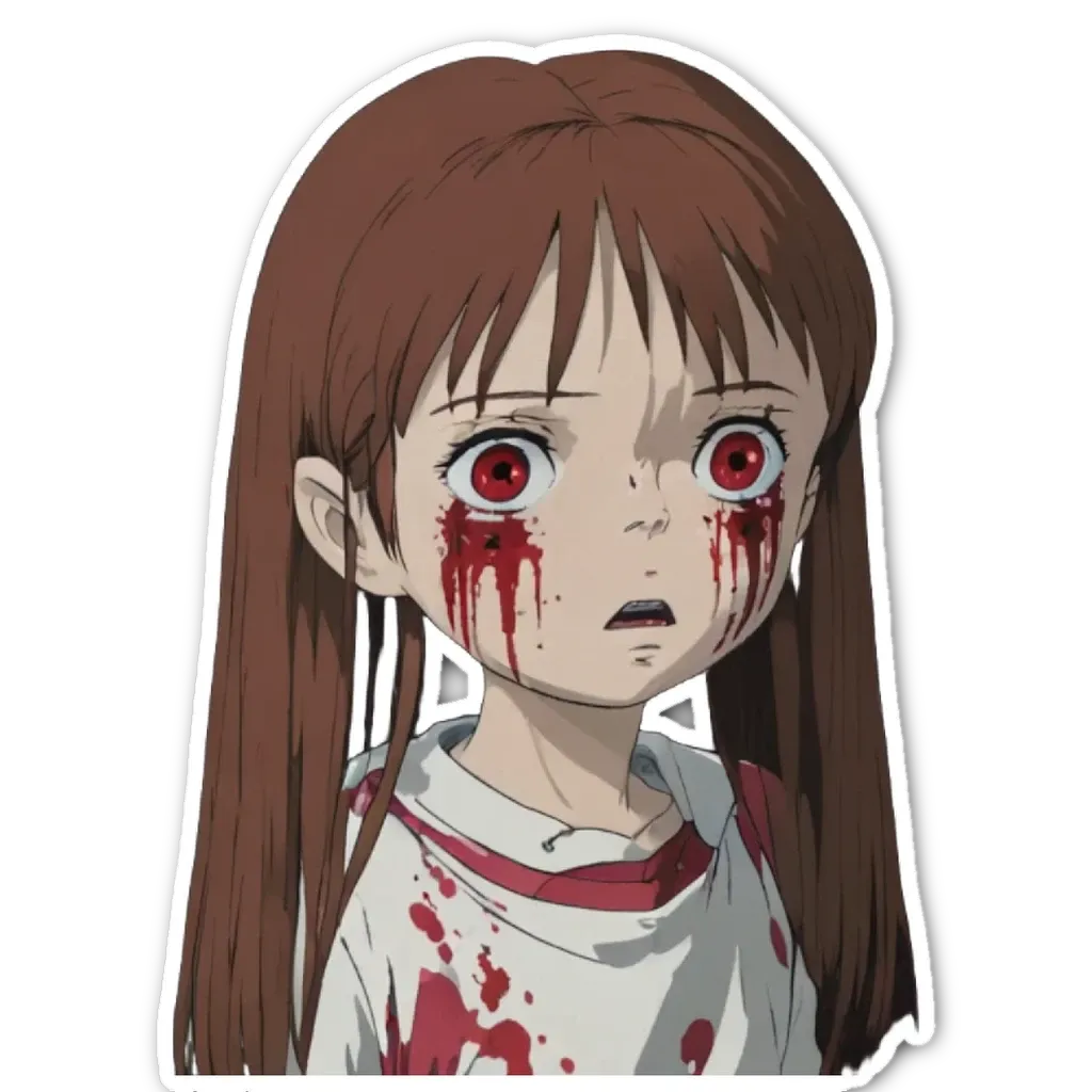 A sticker of a girl with blood on her face.