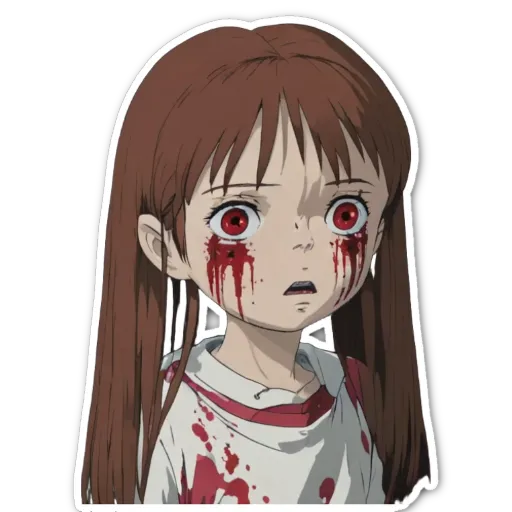 A sticker of a girl with blood on her face.