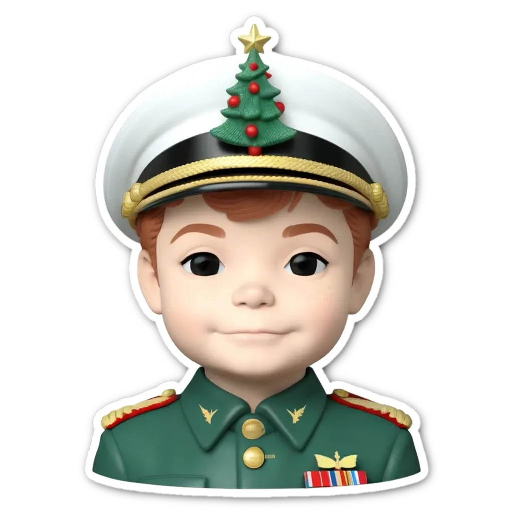 A child wearing a military uniform with a christmas tree on it.