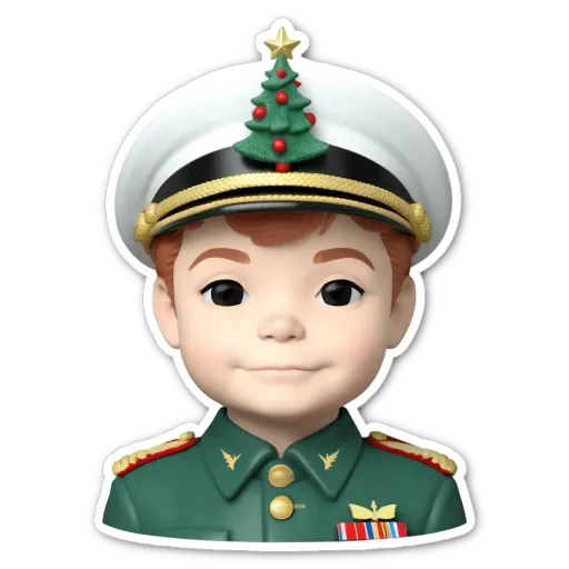 A child wearing a military uniform with a christmas tree on it.