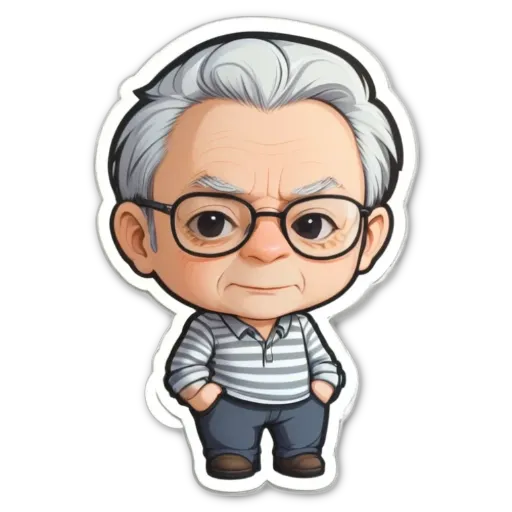 A cartoonish drawing of an old man with a striped shirt and glasses.