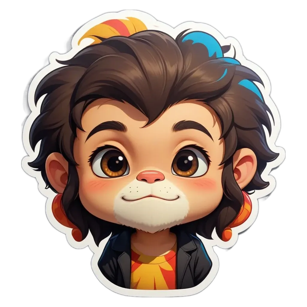 A boy in a lion head sticker with a black jacket underneath.