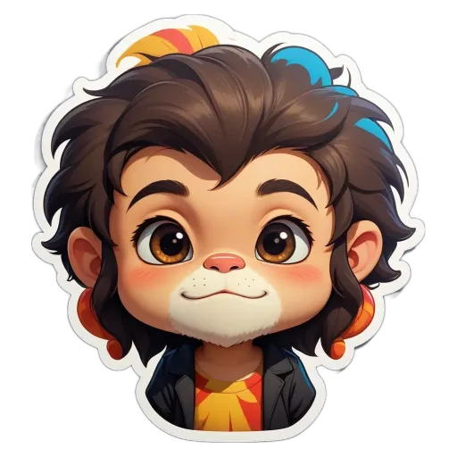 A boy in a lion head sticker with a black jacket underneath.