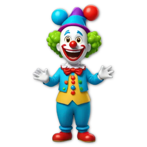 A clown with a red bow on his right is wearing a blue jacket and green pants.