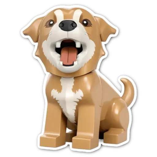A lego dog that is chewin on a lego bone.