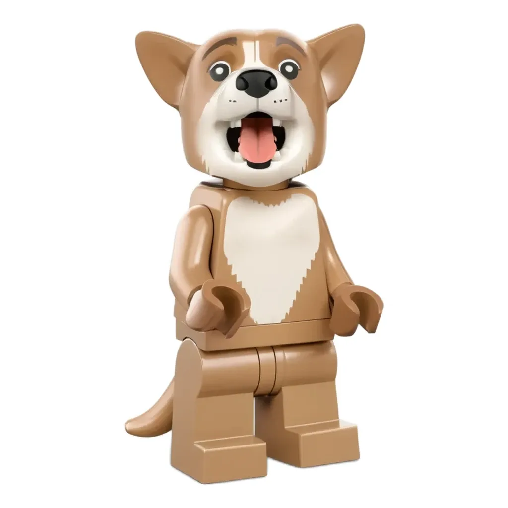 A lego dog that is brown and white.