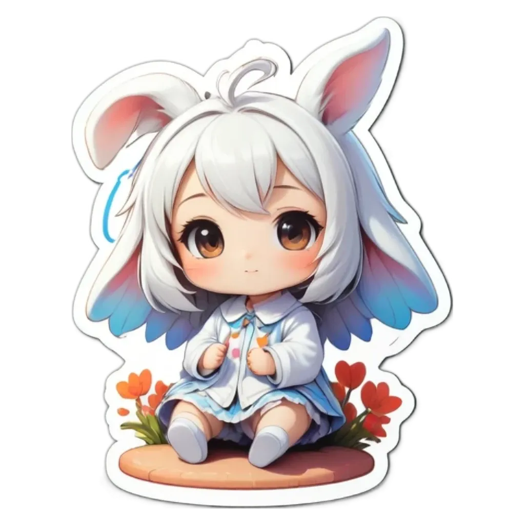 A bunny sticker with a white face and blue wings is sitting on a surface.