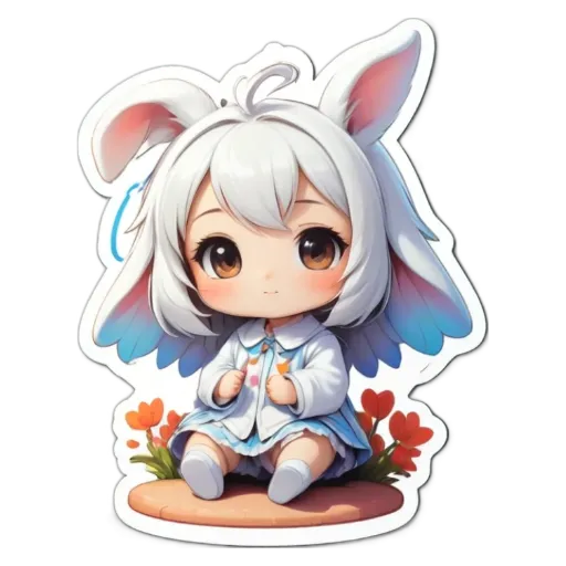 A bunny sticker with a white face and blue wings is sitting on a surface.