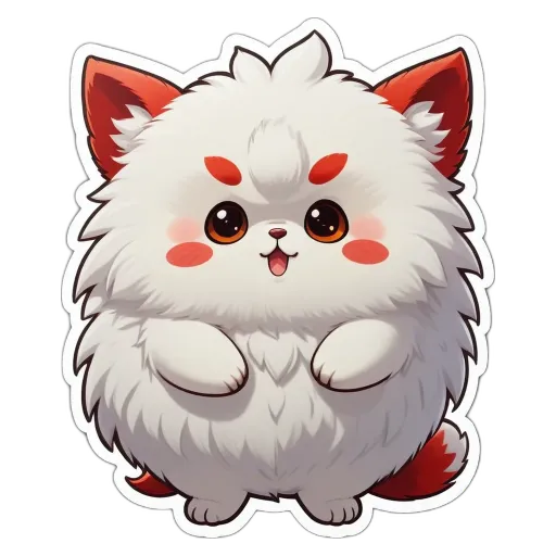A white fluffy animal with red markings on its face.