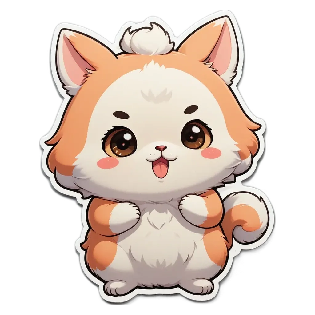 A cartoon cat with a black nose is holding its tongue.