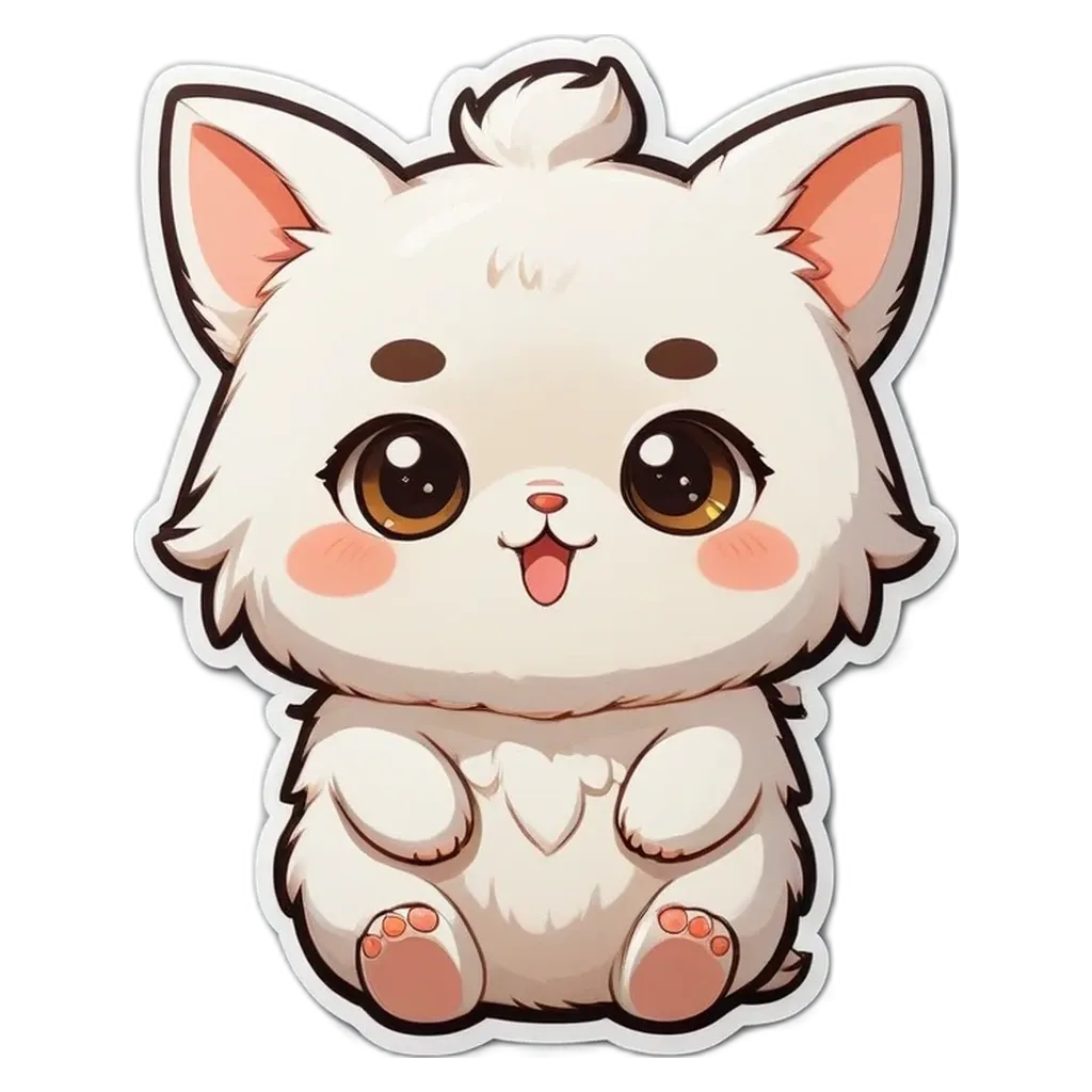 A white cat with black ears and a pink tongue.