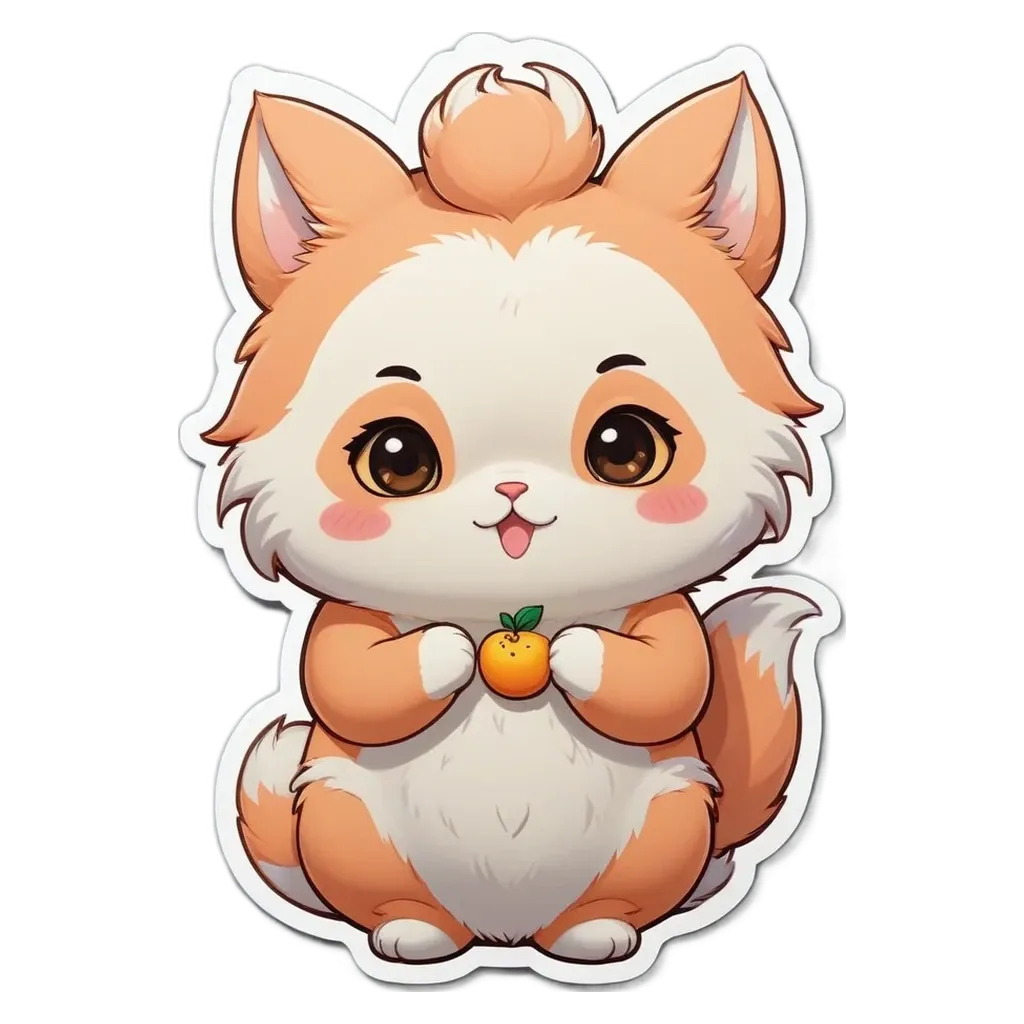 A cartoon cat holding an orange in its mouth.